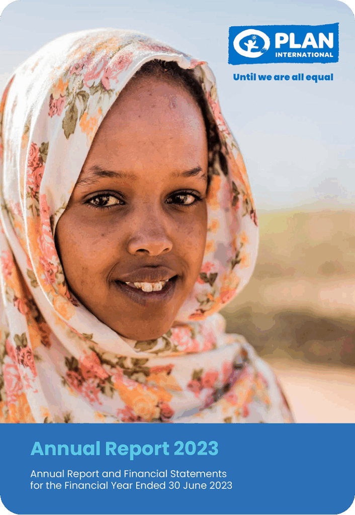 Plan International Annual Report 2023 cover featuring a smiling woman in a floral headscarf.