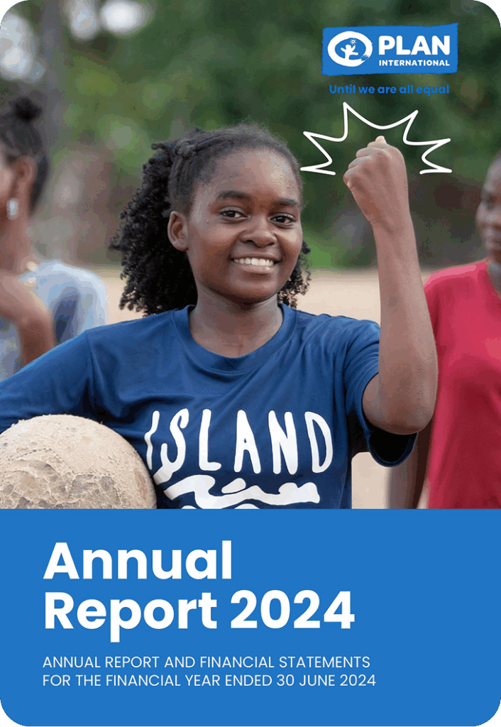Girl celebrating with a soccer ball, promoting Plan International's Annual Report 2024.