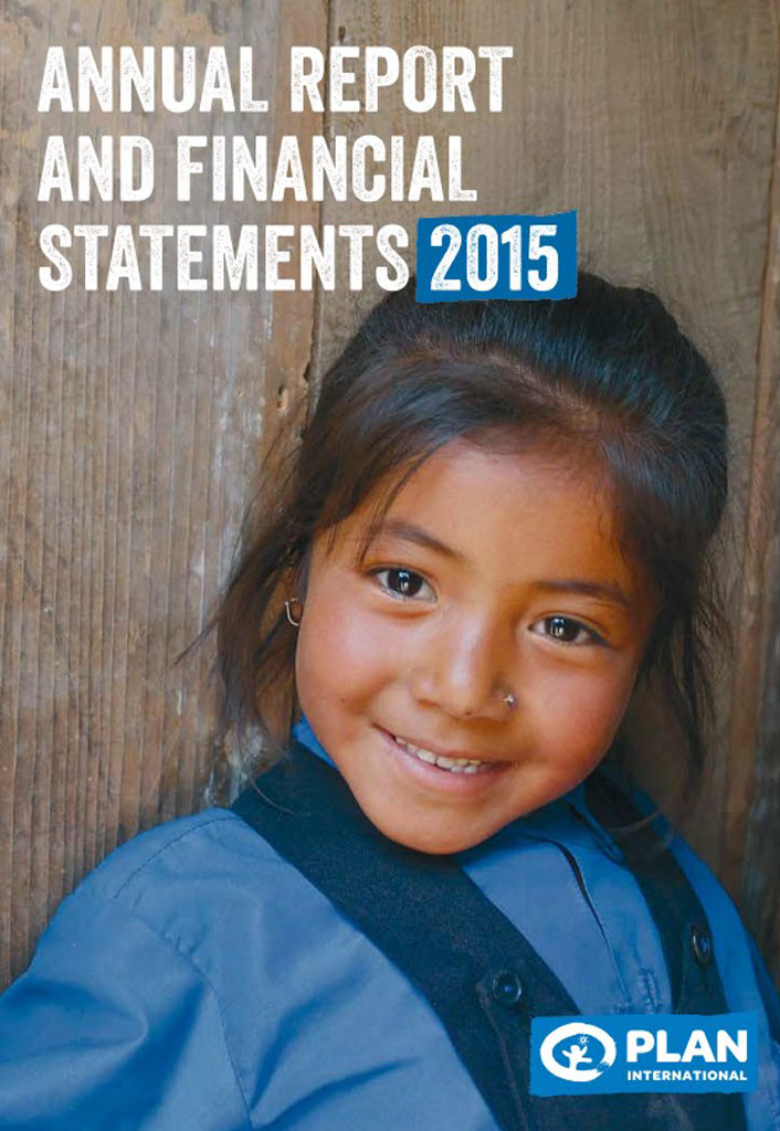 Smiling child in school uniform, cover of Plan International 2015 Annual Report and Financial Statements.