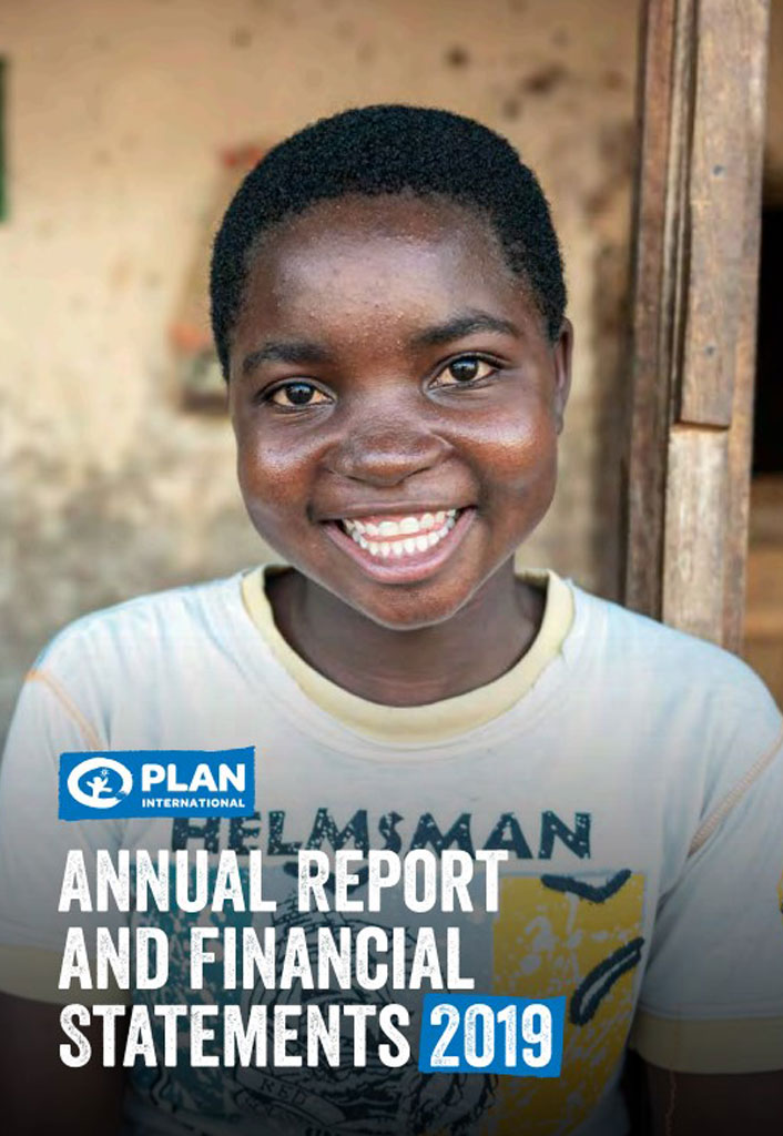 Smiling child on Plan International's 2019 Annual Report cover.