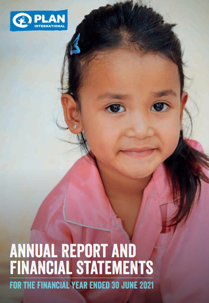 Child in pink shirt on Plan International annual report cover, financial year ending June 2021.