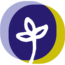 Abstract plant logo with overlapping blue and yellow circles, featuring a stylized white plant design in the center.