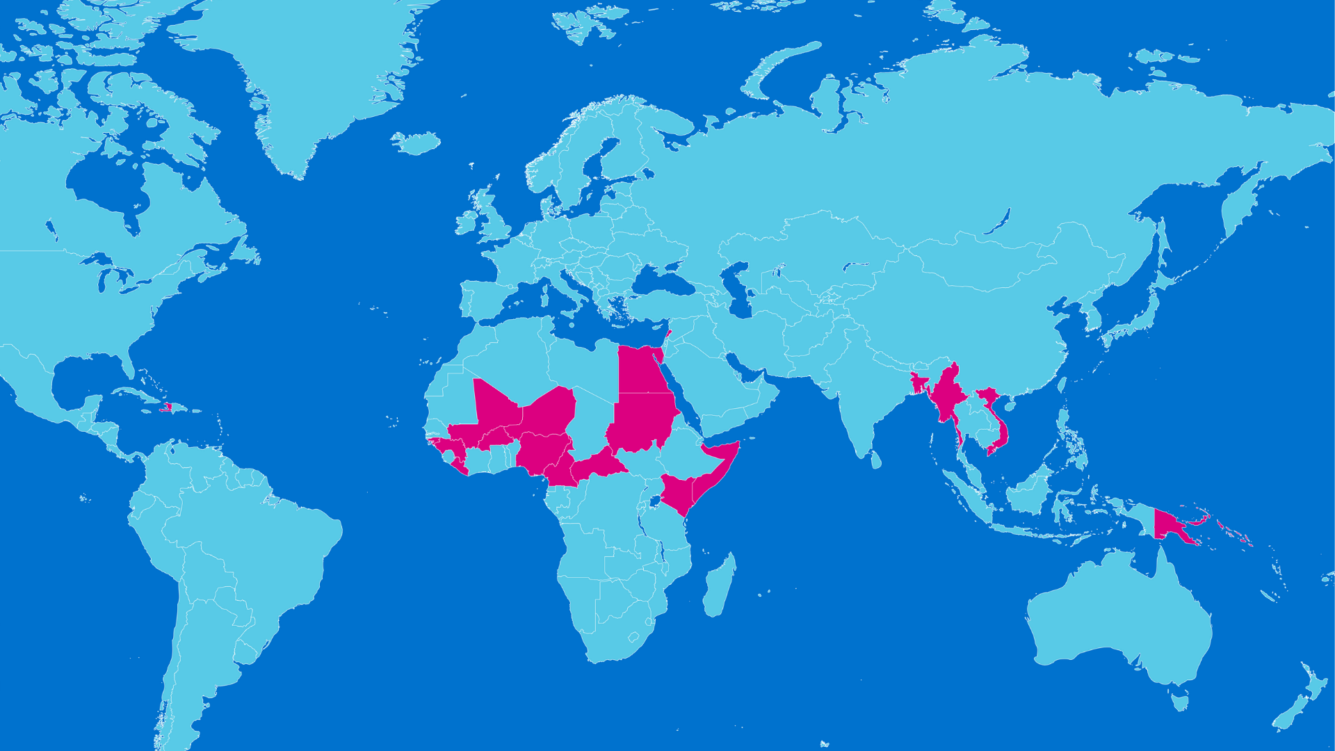 A map of the world with the 20 countries where Plan Ireland works coloured in pink