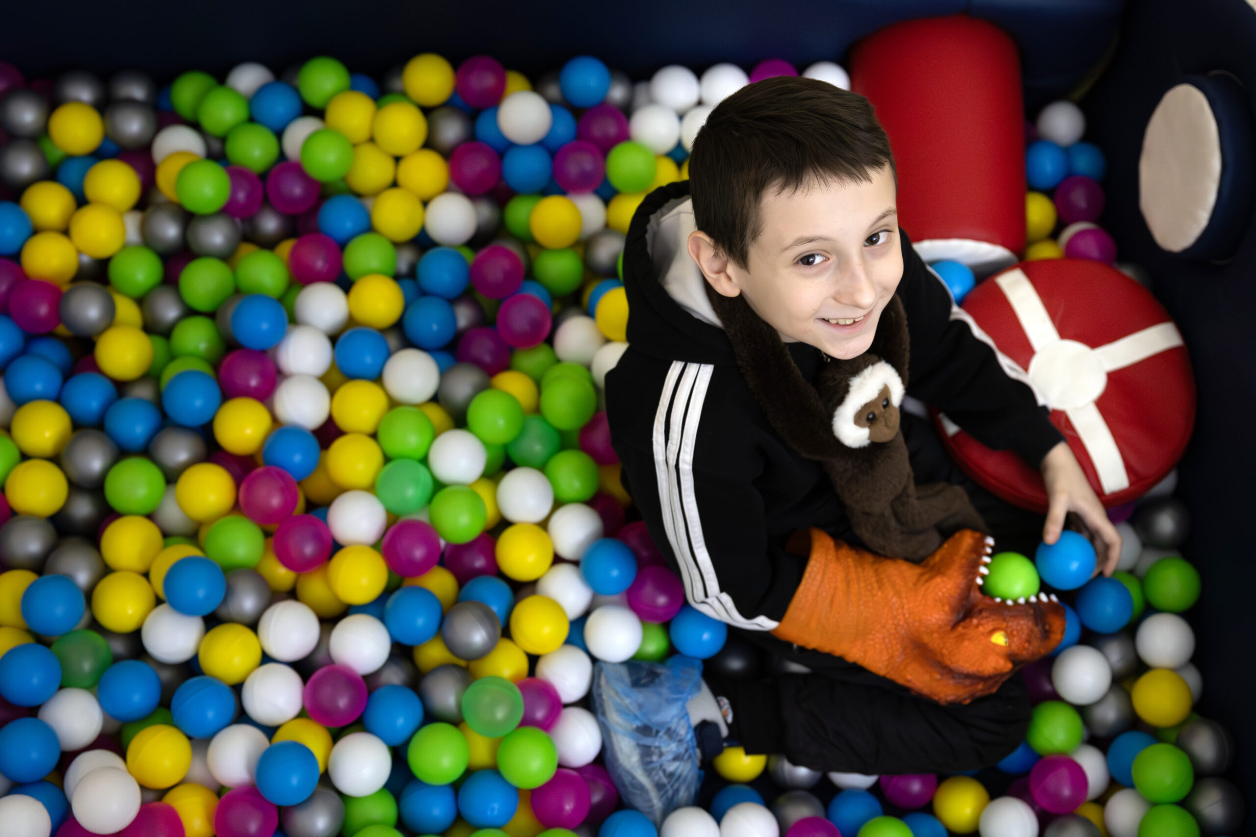 A little boy in a ball pen plays with a dinosaur puppet