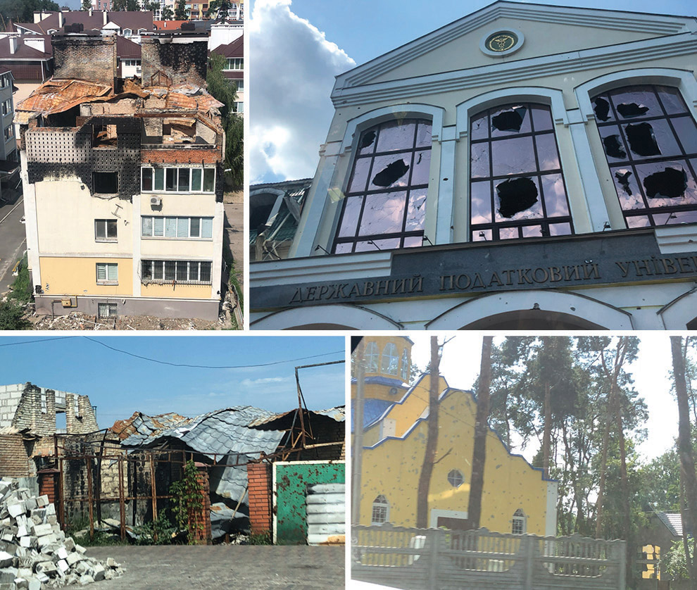 A collage of four photos of destroyed or damaged buildings in Ukraine