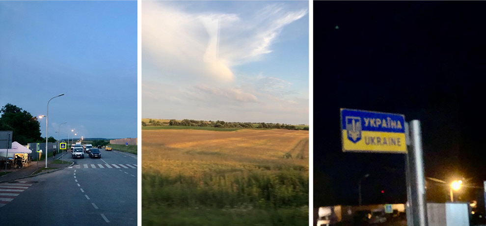 A collage of three photos of a road, the countryside, and a sign