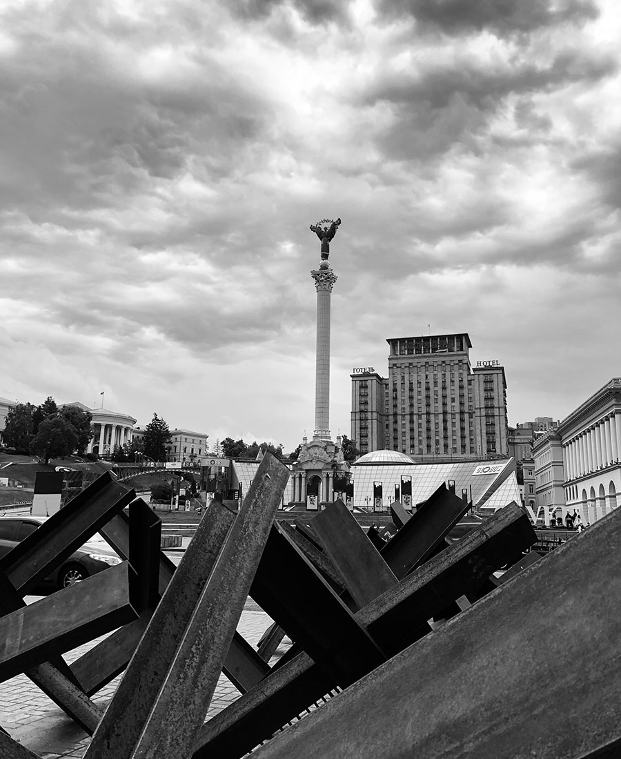 A black and white photo of the main square in Kyiv, Ukraine