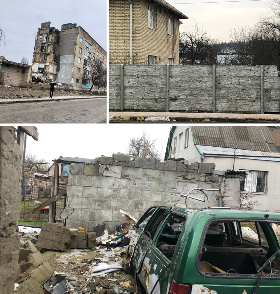 A collage of three photos of a damaged apartment building, a new concrete wall, and a damaged car