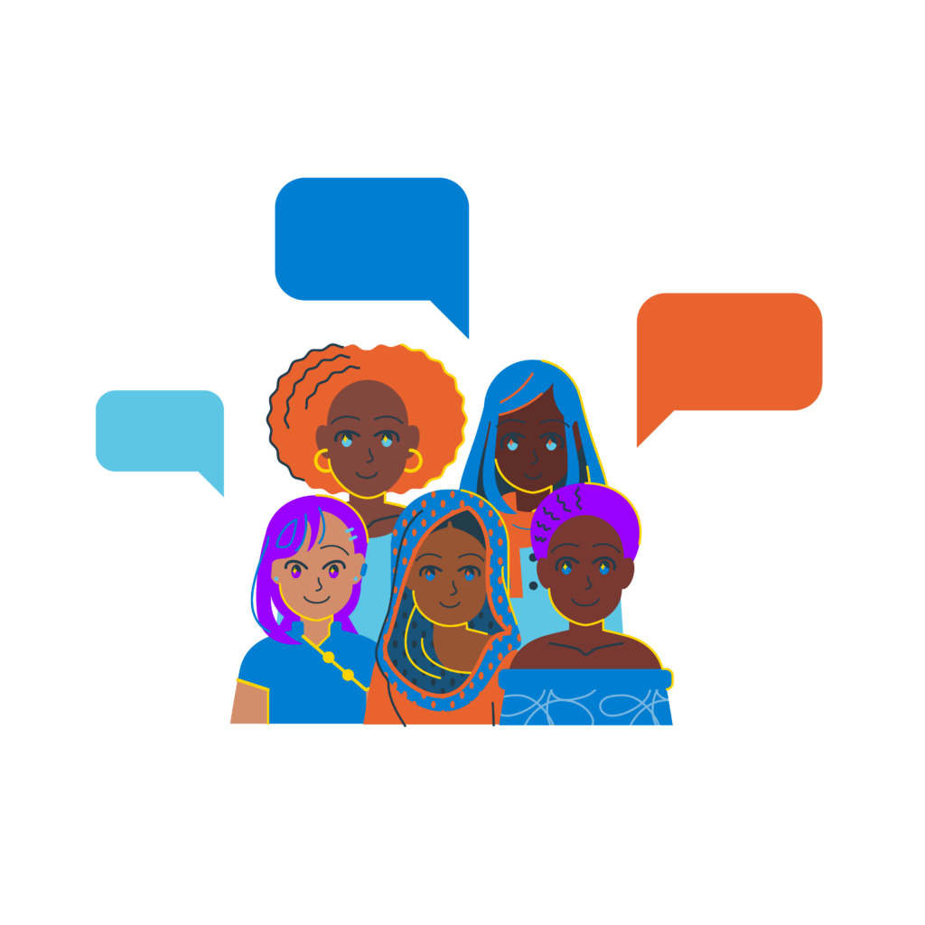 A graphic showing young women with text boxes above their heads